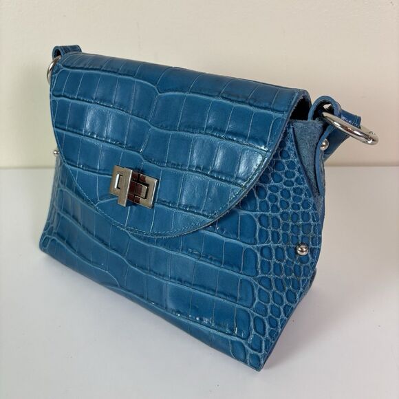 Claudia Firenze Teal Leather Croc-Embossed Handbag Rope Handle Chic Purse Italy - Picture 2 of 16